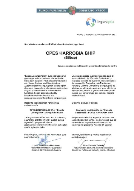 Harrobia ha obtenido el certificado de “Escuela Sostenible”